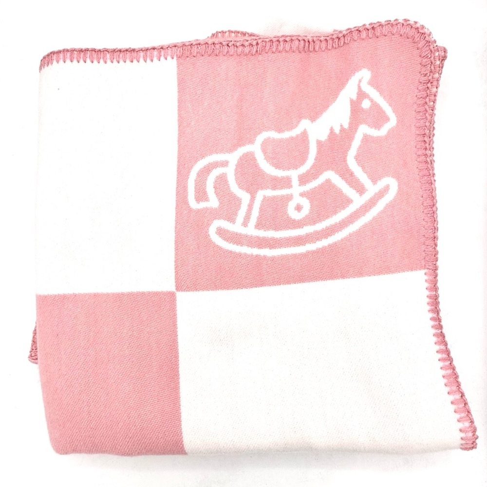 Baby / Toddler Blanket NWOT - Wool Pink White Rocking Horse (Ada Avalon Style)